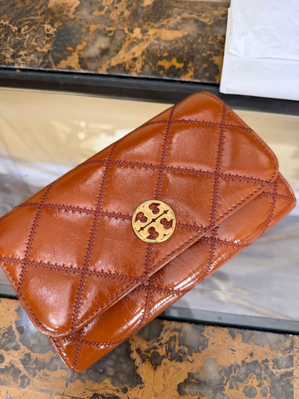 Tory Burch Quilted Leather Clutch in Cognac Brown with Gold Logo